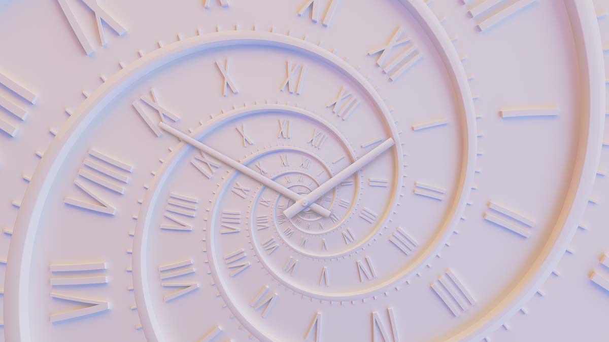 History | Abstract modern black spiral clock dial. Infinite time concept.