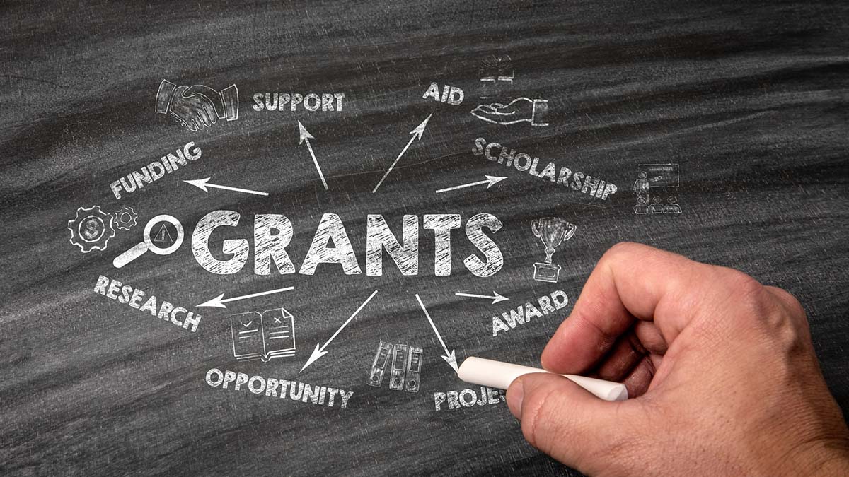 Research Grants | Grants Concept. Black scratched textured chalkboard background 